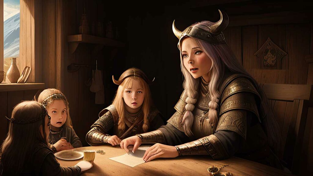 Une femme Viking qui raconte une histoire à des enfants