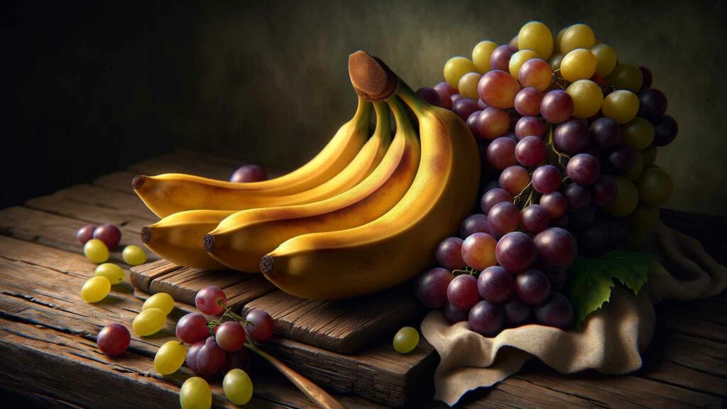 Fruits bananes et raisins rouges