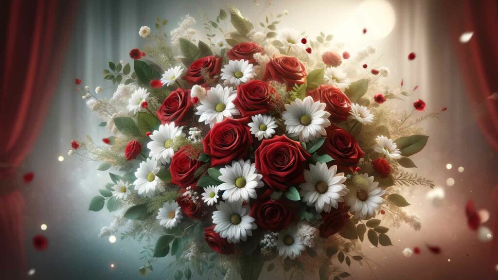 Bouquet de fleurs avec des roses rouges et des marguerites.