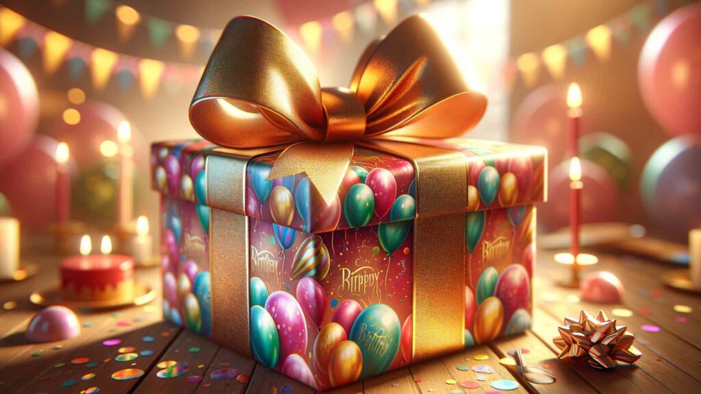 La magie d'un moment célébré : un cadeau d'anniversaire enveloppé de joie et d'anticipation, prêt à dévoiler les sourires qu'il cache.