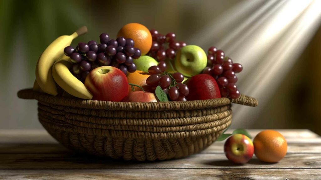 Corbeille de fruits : pommes, raisins, bananes et oranges.