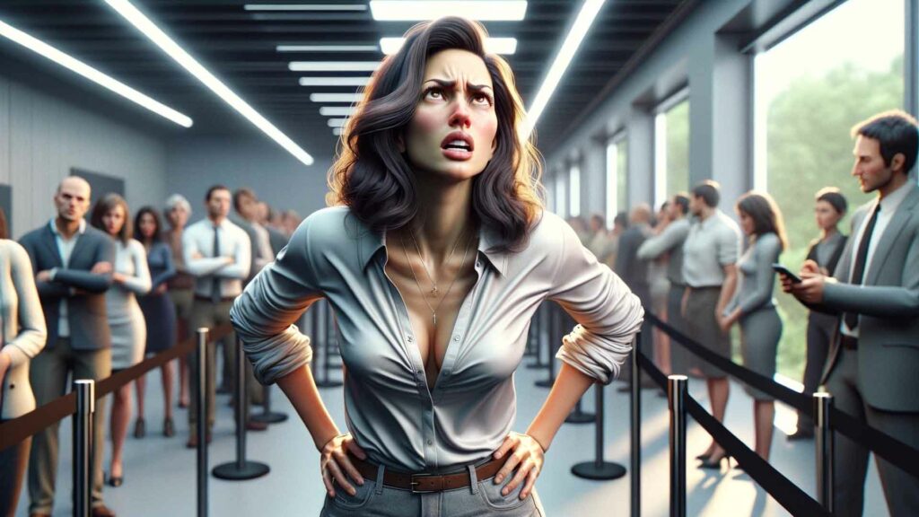 Une femme en état d'impatience et de frustration, illustrées par son langage corporel et ses expressions faciales