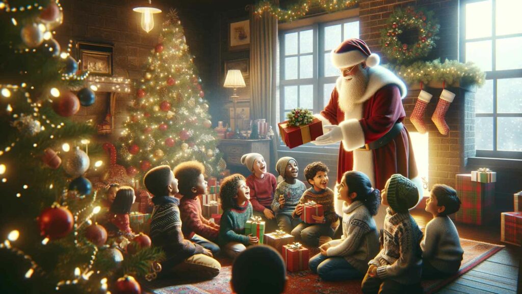Le Père Noël qui donne les cadeaux aux enfants