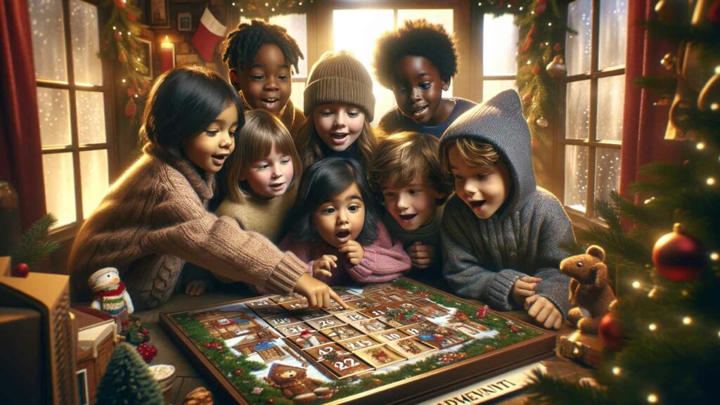 Enfants qui regarde le calendrier de l'avent pour compter le nombre de jours restant avant Noël