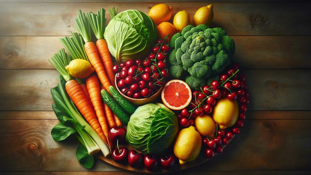 Fruits et légumes en c : carottes, chou, cerises, citrons